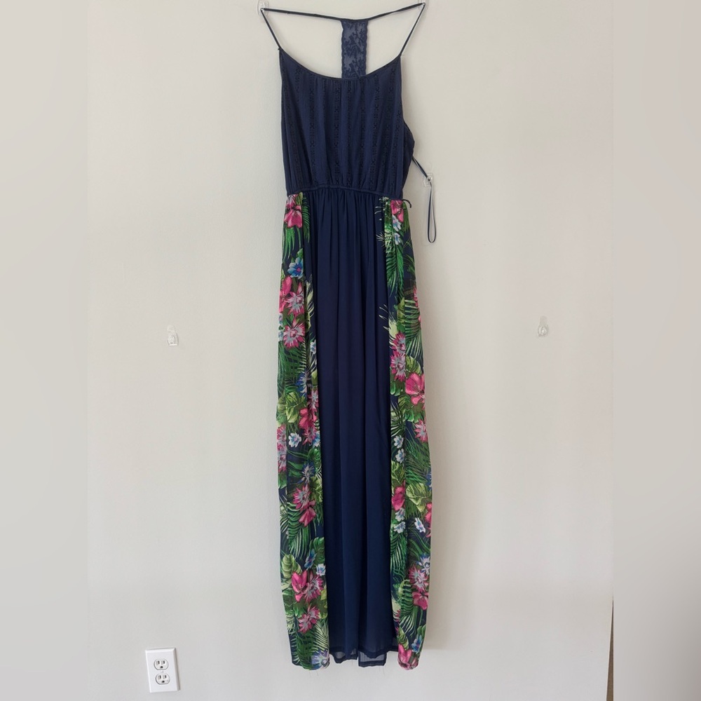 Navy Maxi Dress with Tropical Floral Panels